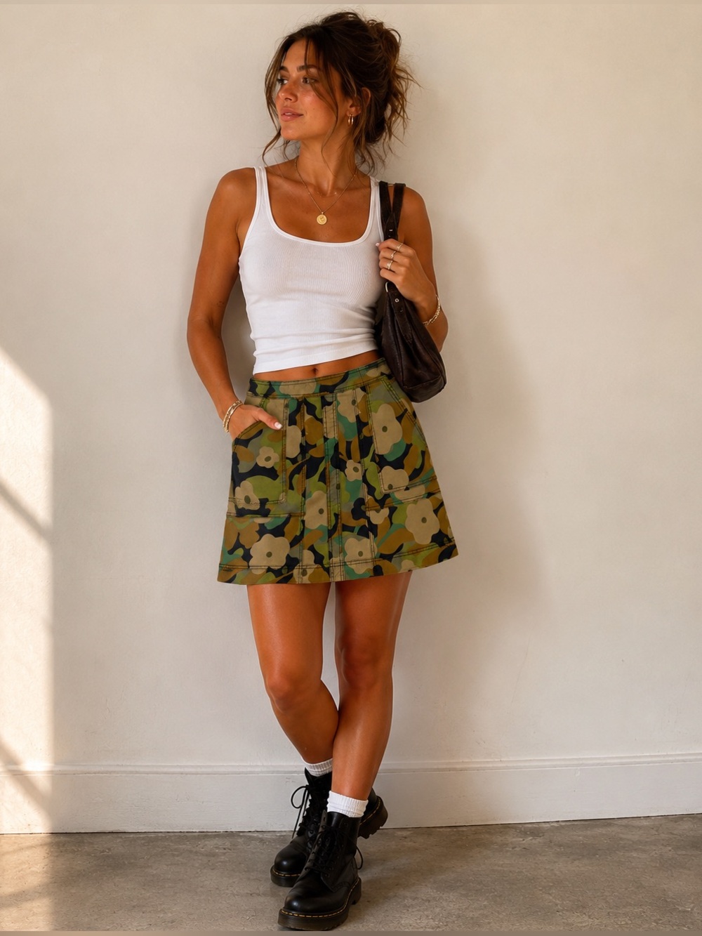 CAbi Floral Camo Skirt Size 6 | Utility Cargo Stretch Mini Safari Chic